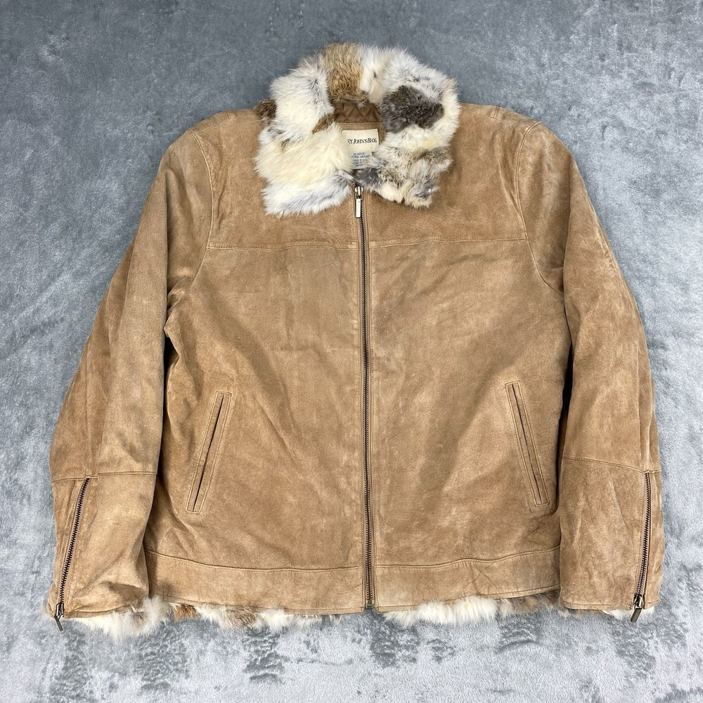 Vtg St Johns Bay Jacket Womens Sz XL Tan Suede Rabbit Fur Penny Lane Quilt Lined